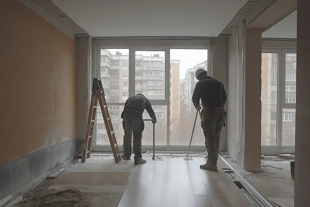 Un appartement en cours de rénovation, montrant des murs dénudés et des sols en travaux à Saint-Maur-des-Fossés